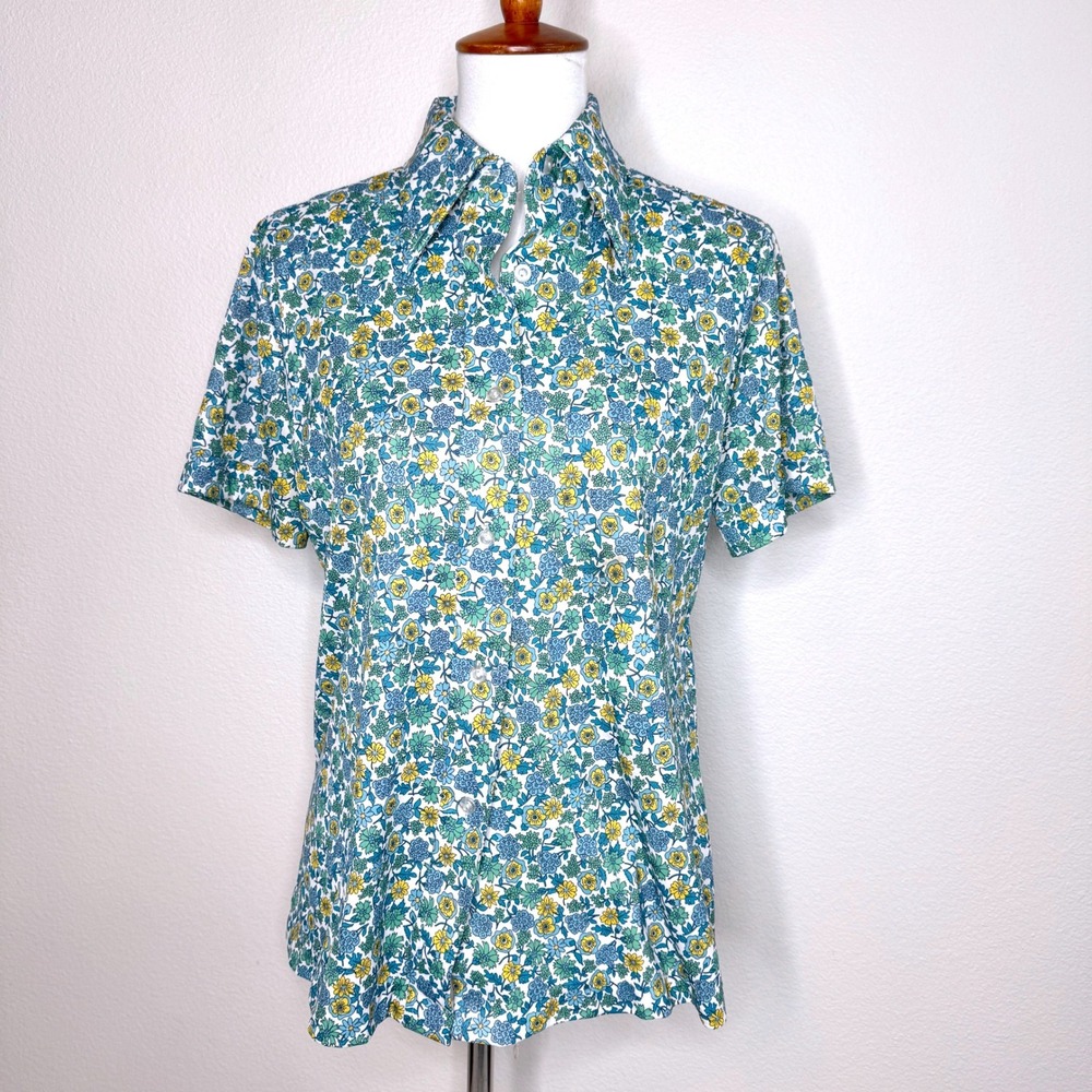VTG SEARS Womens Button Up Short Sleeve Shirt S Floral Blue Yellow Cottagecore